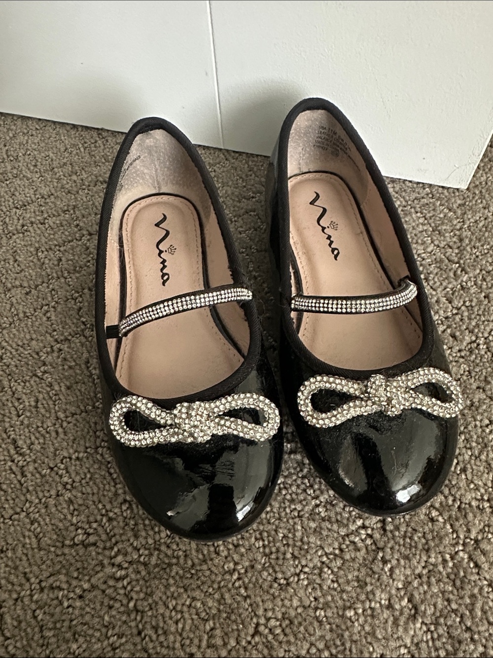 Nina Black Patent Girls Dress Shoes with Rhinestone Bow